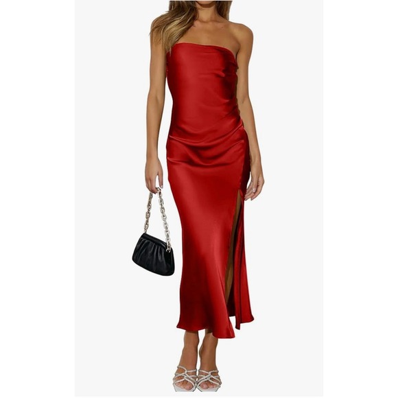 Red Strapless Satin Dress Bodycon Cocktail Party Midi Slit - Picture 1 of 3